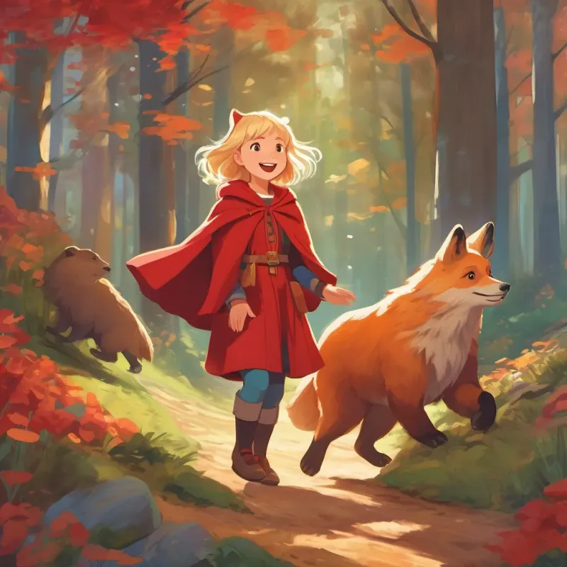A young girl with blonde hair, bright eyes, wearing a red cloak or jacket, embodying curiosity and bravery singing joyfully as the bear joins the group with a wide smile, the fox happily prancing beside them.