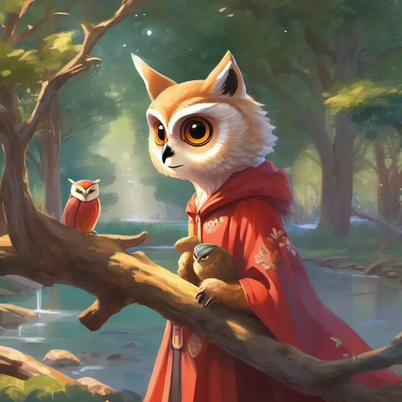 A wise owl wearing tiny glasses perched on a tree branch overlooking A young girl with blonde hair, bright eyes, wearing a red cloak or jacket, embodying curiosity and bravery, the fox, and the bear by a bubbling stream.
