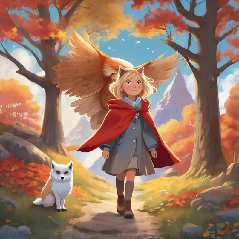 The owl spreading its wings wide as it lands beside A young girl with blonde hair, bright eyes, wearing a red cloak or jacket, embodying curiosity and bravery, looking wise and friendly, with the fox and bear in the background.