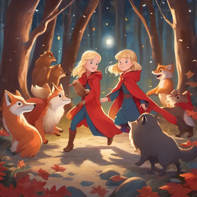 A young girl with blonde hair, bright eyes, wearing a red cloak or jacket, embodying curiosity and bravery leading a joyful group of the bear, the fox, and the owl dancing and twirling through a moonlit forest clearing.