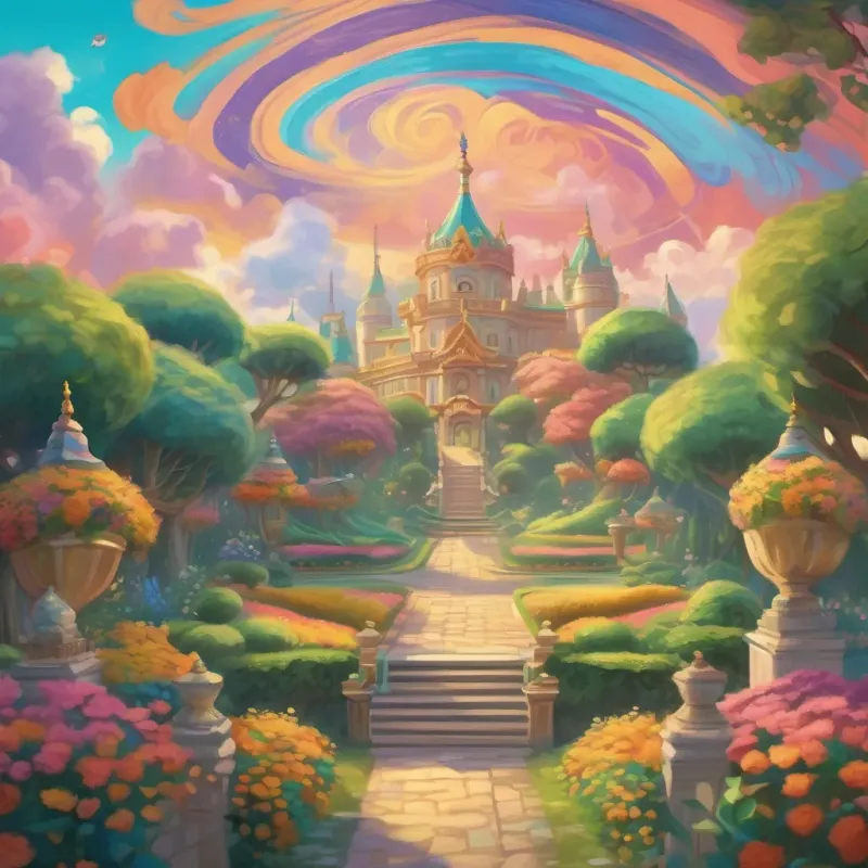 A whimsical kingdom with colorful swirling skies, a kind king named Kip skipping joyfully through his grand palace gardens