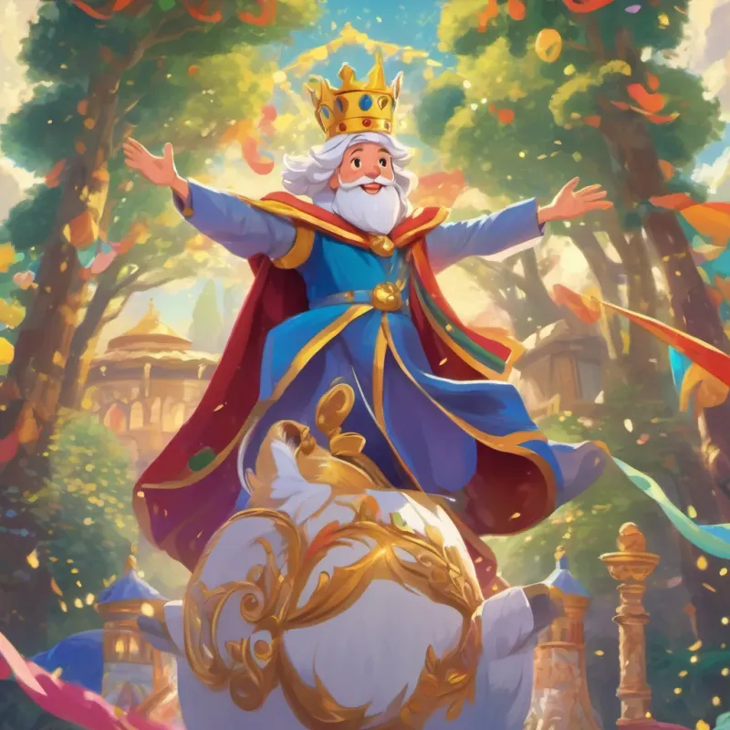 A colorful, animated scene where a kind and joyful king with a crown, who loves to skip, dressed in colorful royal robes, always smiling looks surprised and excited, dressed in royal robes, with swirling sounds depicted visually