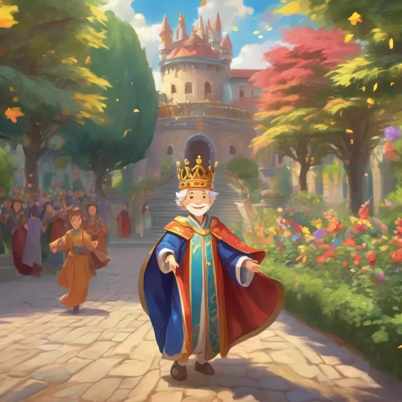 a kind and joyful king with a crown, who loves to skip, dressed in colorful royal robes, always smiling happily skipping in his palace garden, while subjects cheer in the background celebrating his return