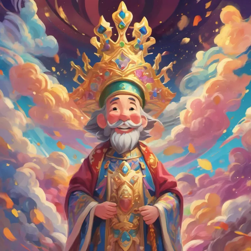 A closing image of a kind and joyful king with a crown, who loves to skip, dressed in colorful royal robes, always smiling with subjects around him, all expressing adoration, under a sky of swirling colors