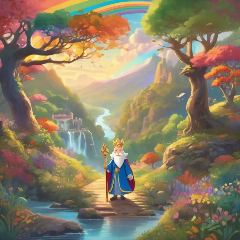 a kind and joyful king with a crown, who loves to skip, dressed in colorful royal robes, always smiling traversing through a magical forest, with quirky creatures peeking out, across rainbow bridges and rolling hills