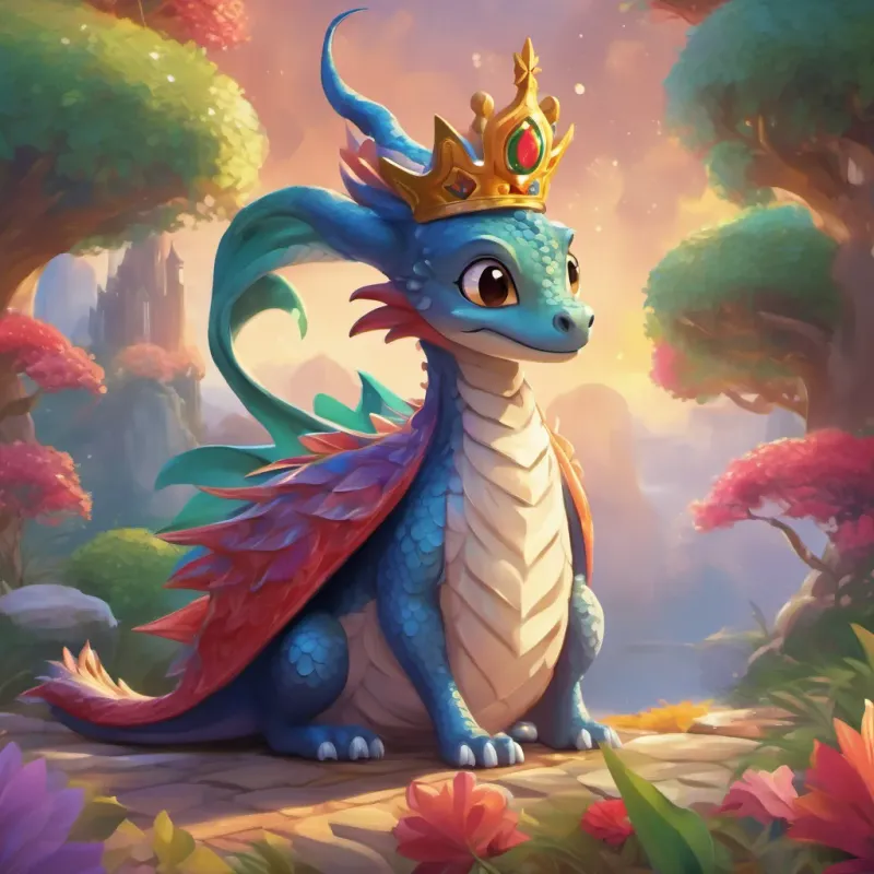 A small, teary-eyed dragon with big eyes, curling up as a kind and joyful king with a crown, who loves to skip, dressed in colorful royal robes, always smiling approaches with a comforting smile