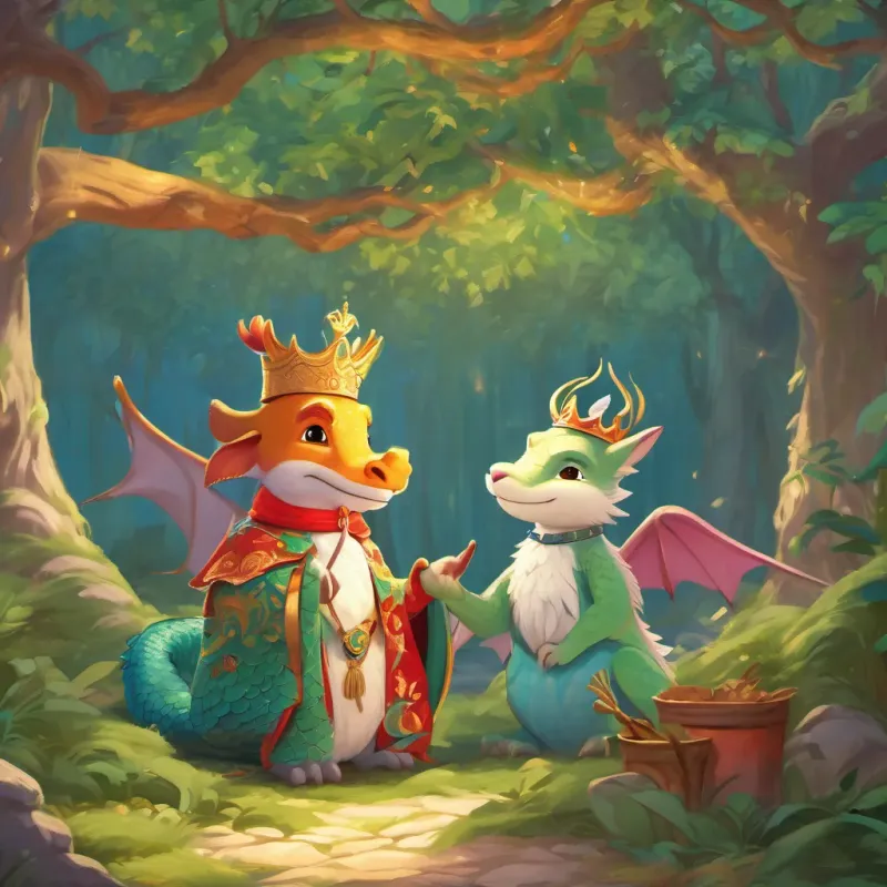 The little dragon explaining its plight to a concerned a kind and joyful king with a crown, who loves to skip, dressed in colorful royal robes, always smiling in a whimsical forest setting
