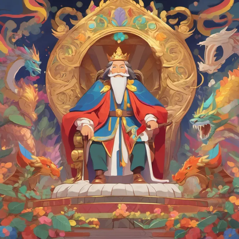 a kind and joyful king with a crown, who loves to skip, dressed in colorful royal robes, always smiling cheering up the dragon with enthusiasm, preparing to search together