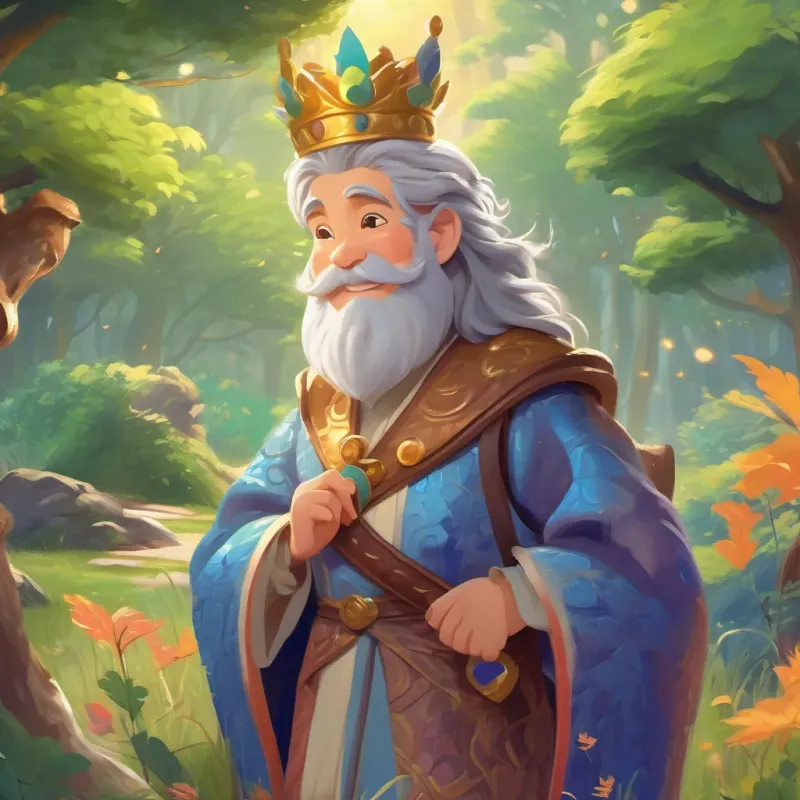 a kind and joyful king with a crown, who loves to skip, dressed in colorful royal robes, always smiling and the small dragon searching the meadow and park, finding a tree with a hollowed bark and a clue inside