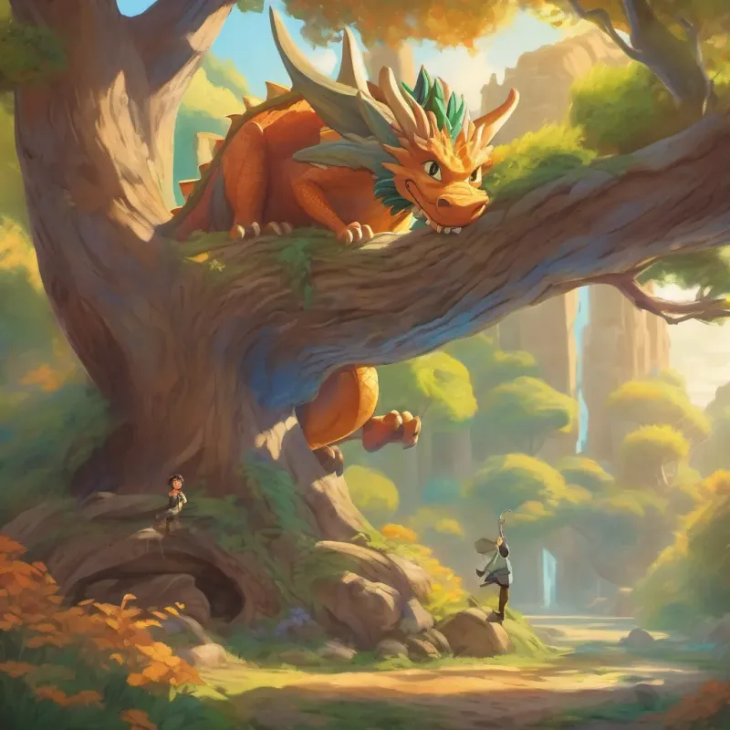 Both characters expressing joy, the dragon holding up his shoe which was inside the tree's hollowed bark
