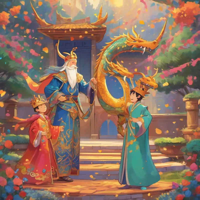 The dragon and a kind and joyful king with a crown, who loves to skip, dressed in colorful royal robes, always smiling celebrating together, the dragon hugging a kind and joyful king with a crown, who loves to skip, dressed in colorful royal robes, always smiling with gratitude