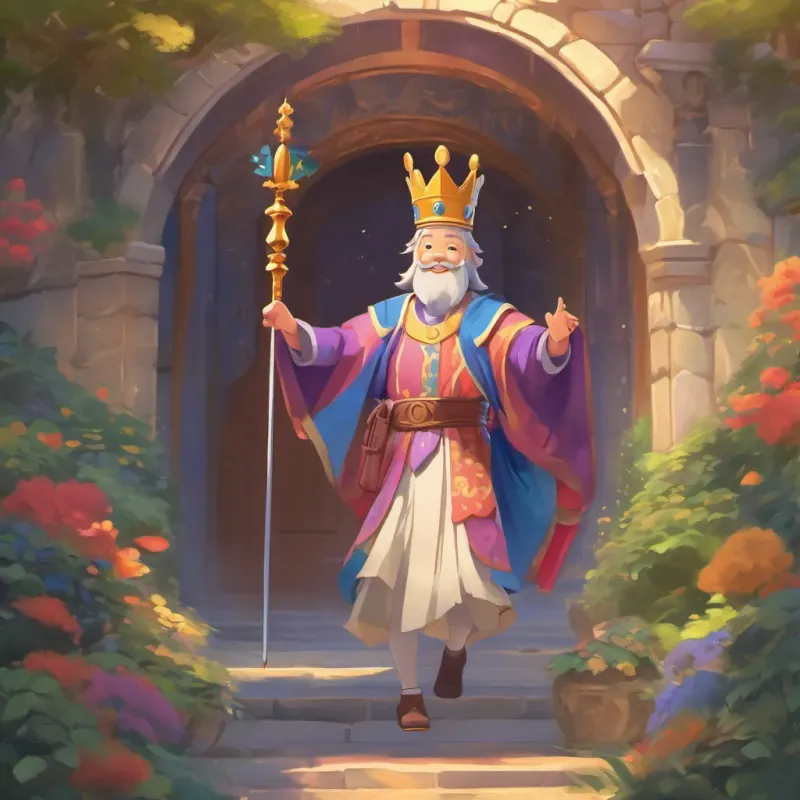 a kind and joyful king with a crown, who loves to skip, dressed in colorful royal robes, always smiling skipping back to his palace under a twilight sky, smiling widely with memories of the adventure