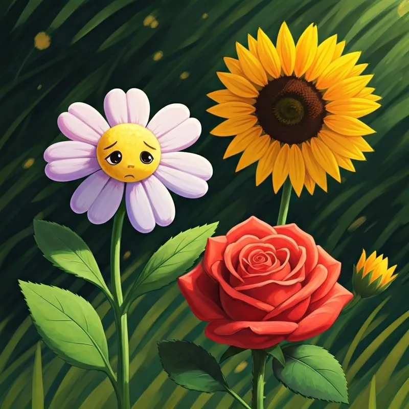 A small, light purple Anchan flower with expressive petals looking sadly at a red rose and a yellow sunflower