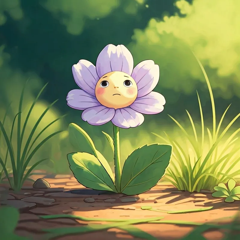 A small, light purple Anchan flower with expressive petals looking thoughtful