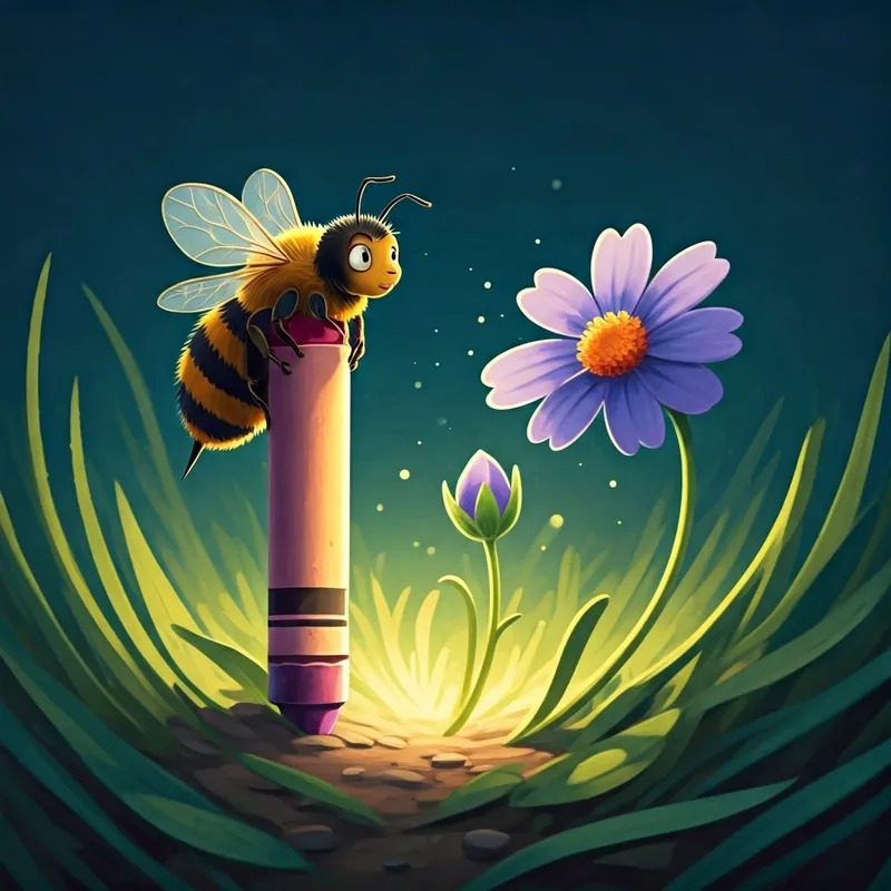 A wise old bee with golden wings and twitching antennae whispering the secret of the color blue to A small, light purple Anchan flower with expressive petals