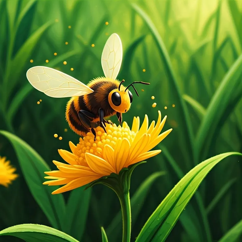 A wise old A wise old bee with golden wings and twitching antennae with golden pollen on its wings landing on Anchan's stem