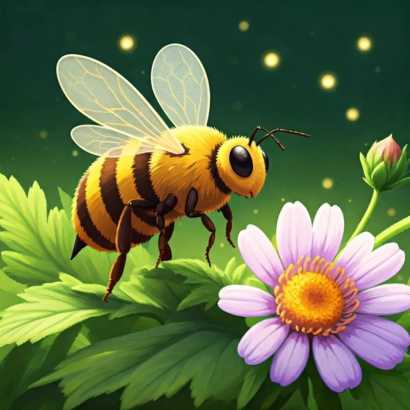 A wise old bee with golden wings and twitching antennae looking curiously at A small, light purple Anchan flower with expressive petals with its antennae twitching