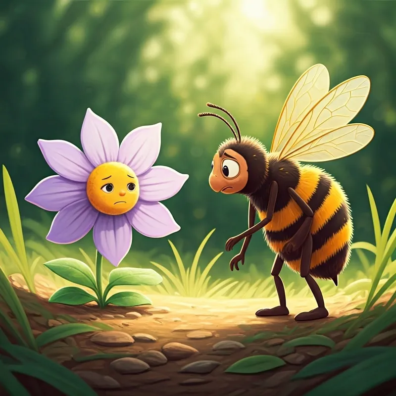 A small, light purple Anchan flower with expressive petals looking sad while talking to A wise old bee with golden wings and twitching antennae