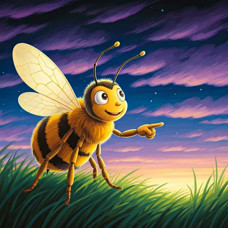 A wise old bee with golden wings and twitching antennae smiling and pointing to a twilight sky with purple clouds