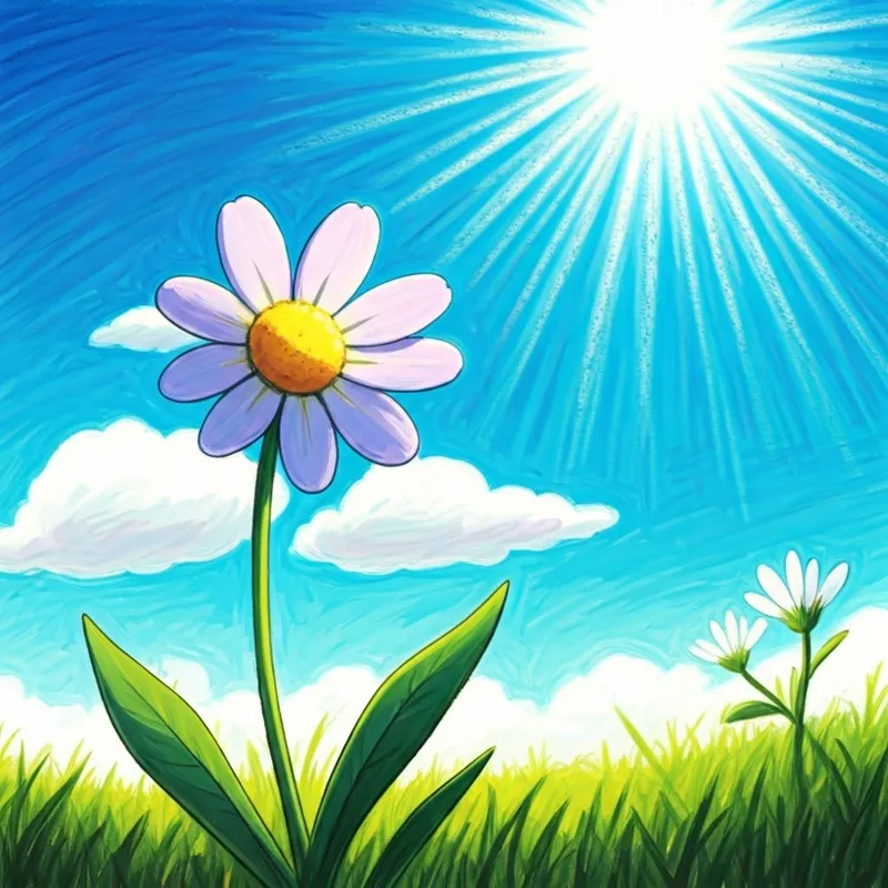 A small, light purple Anchan flower with expressive petals looking up at the bright blue sky with longing