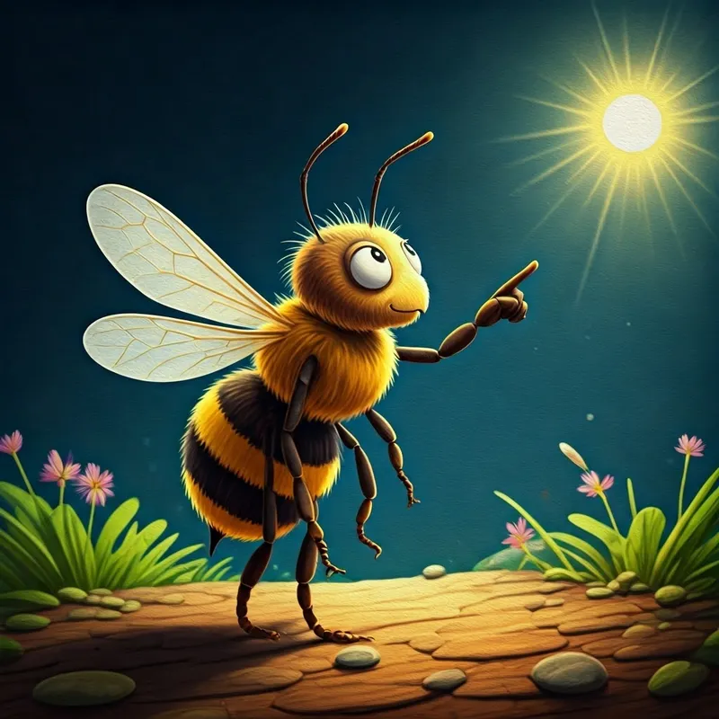 A wise old bee with golden wings and twitching antennae looking thoughtful while pointing to the sky
