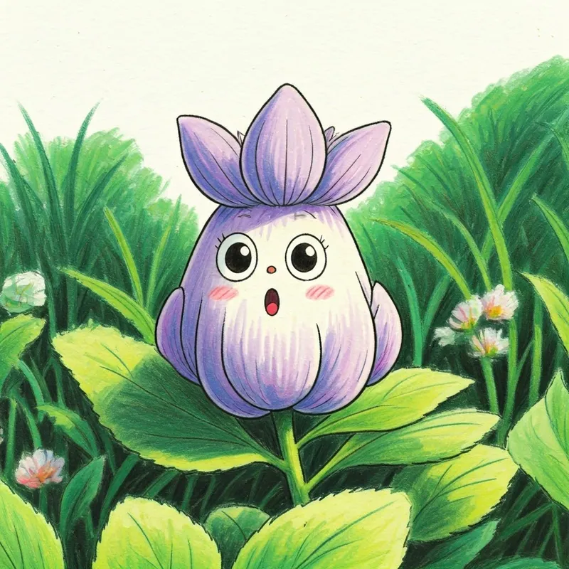 A small, light purple Anchan flower with expressive petals looking excited and curious