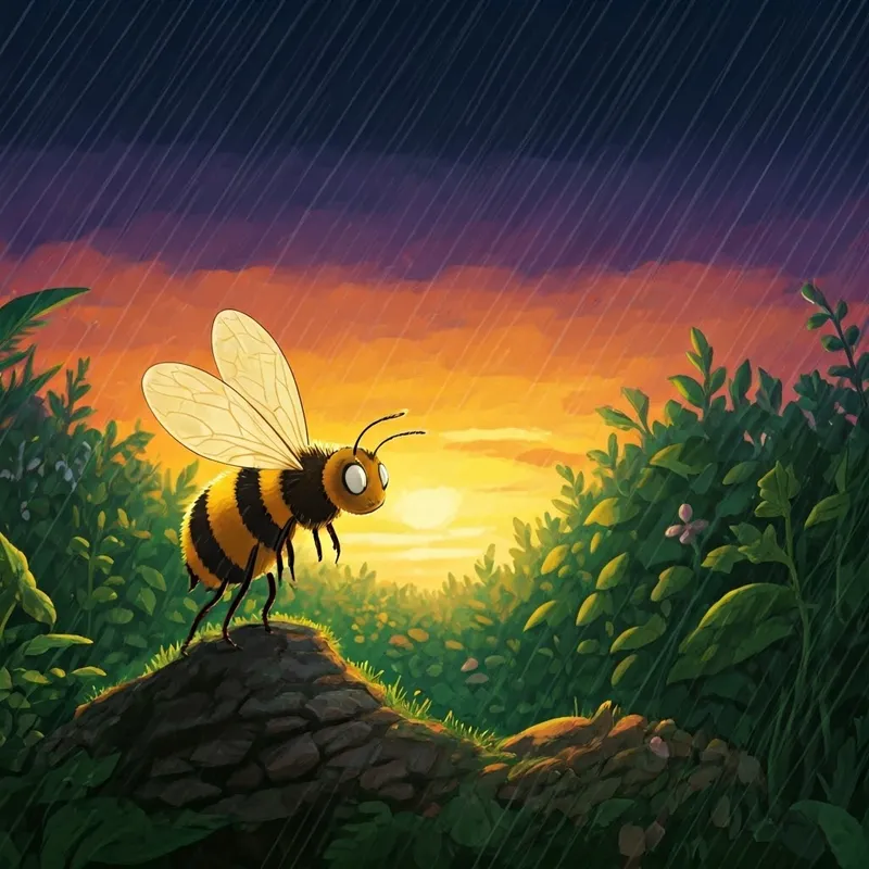 A wise old bee with golden wings and twitching antennae explaining about the colors of the sky during sunset and rain