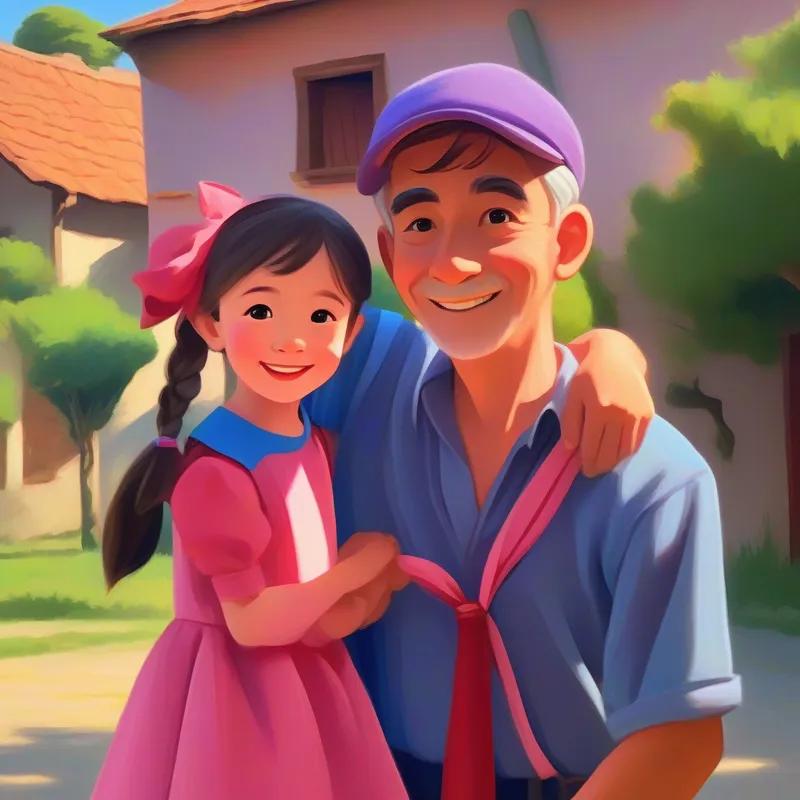 A strong and caring husband wearing a blue shirt and red cap, A loving wife with kind eyes and flowing purple dress, A brave and adventurous boy with a mischievous smile, and A sweet and curious girl in a pink dress and pigtails smiling together in their sunny village