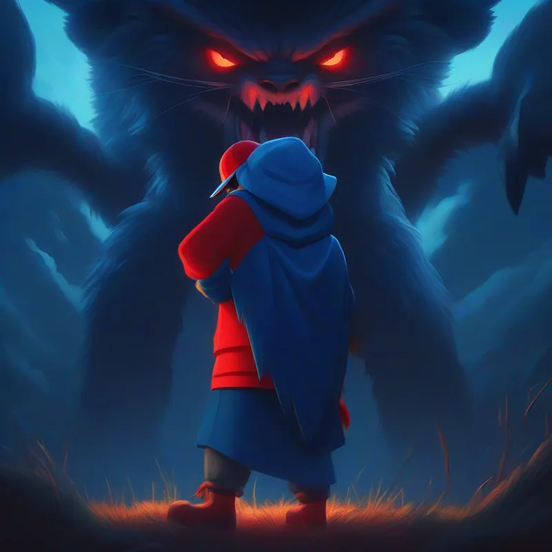A strong and caring husband wearing a blue shirt and red cap standing tall, ready to face the menacing A terrifying monster with glowing eyes and sharp claws