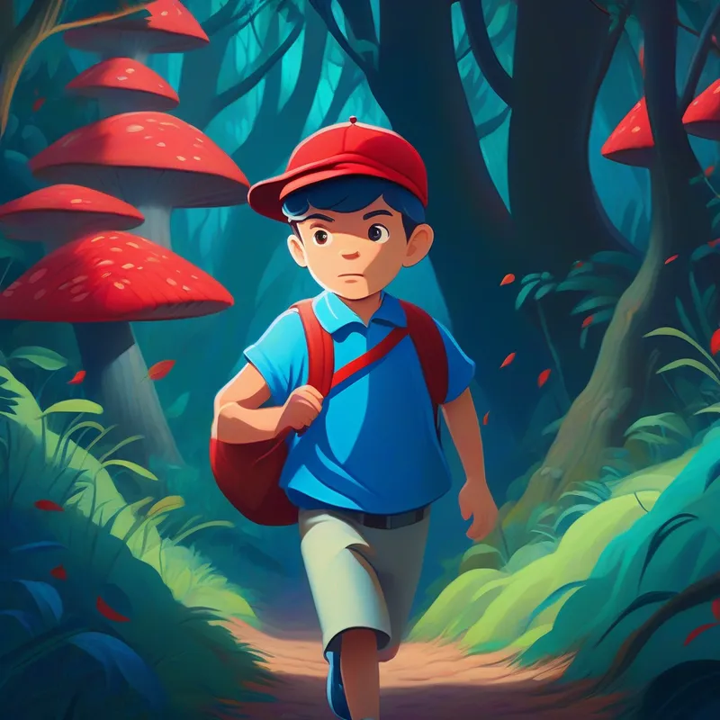 A strong and caring husband wearing a blue shirt and red cap fearlessly navigating through the enchanted forest