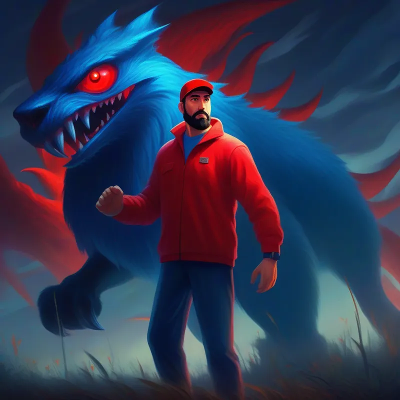A strong and caring husband wearing a blue shirt and red cap facing A terrifying monster with glowing eyes and sharp claws with determination and courage