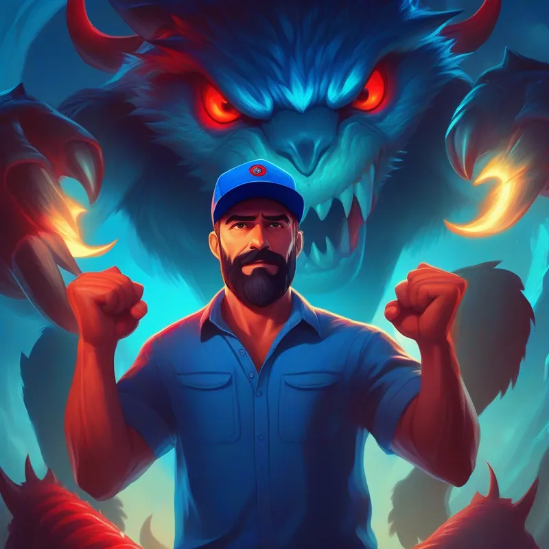 A strong and caring husband wearing a blue shirt and red cap triumphantly standing over the defeated A terrifying monster with glowing eyes and sharp claws