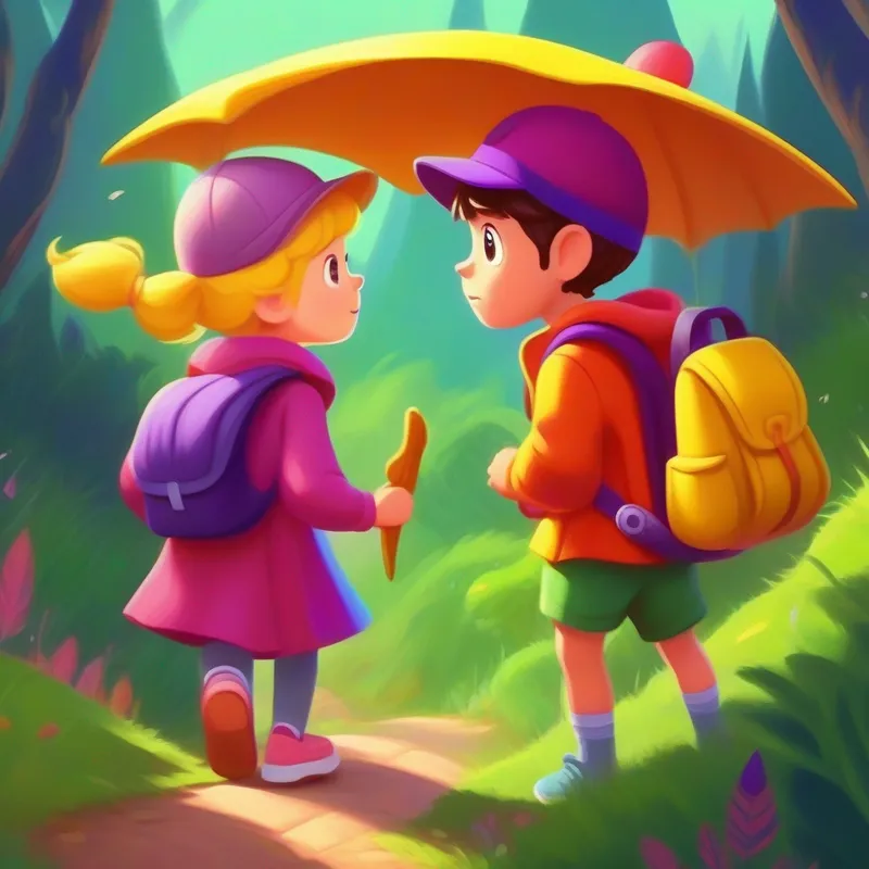Curious and brave girl with a yellow backpack and purple hat. and Adventurous boy wearing a green cape and a red headband. start their adventure with determination and curiosity.
