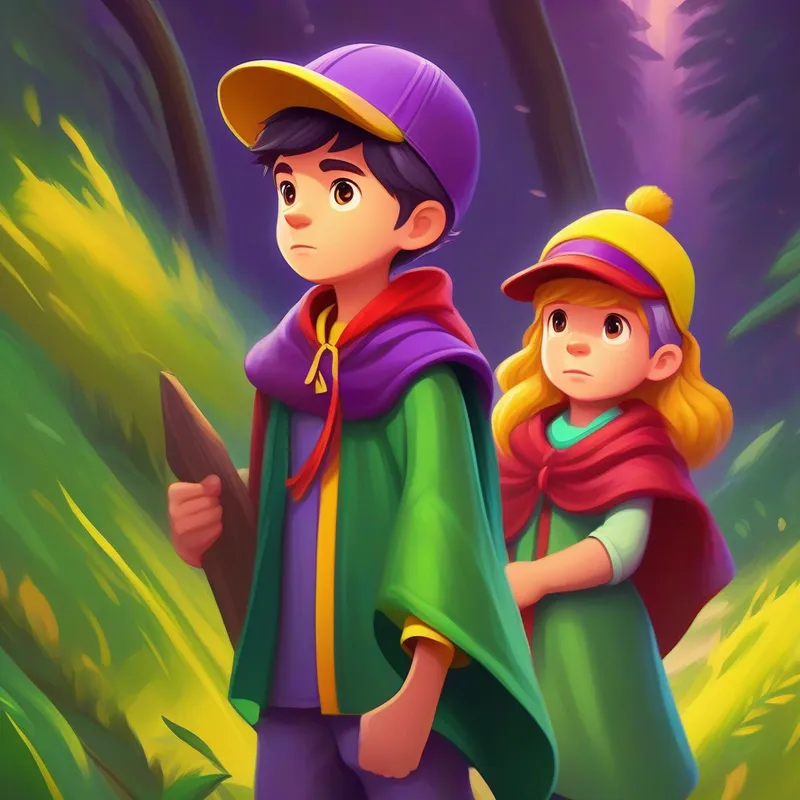 Curious and brave girl with a yellow backpack and purple hat. and Adventurous boy wearing a green cape and a red headband. bravely face different challenges on their chosen paths.