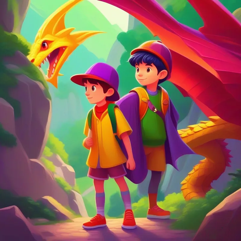 Curious and brave girl with a yellow backpack and purple hat. and Adventurous boy wearing a green cape and a red headband. make friends with a dragon to protect the gem.