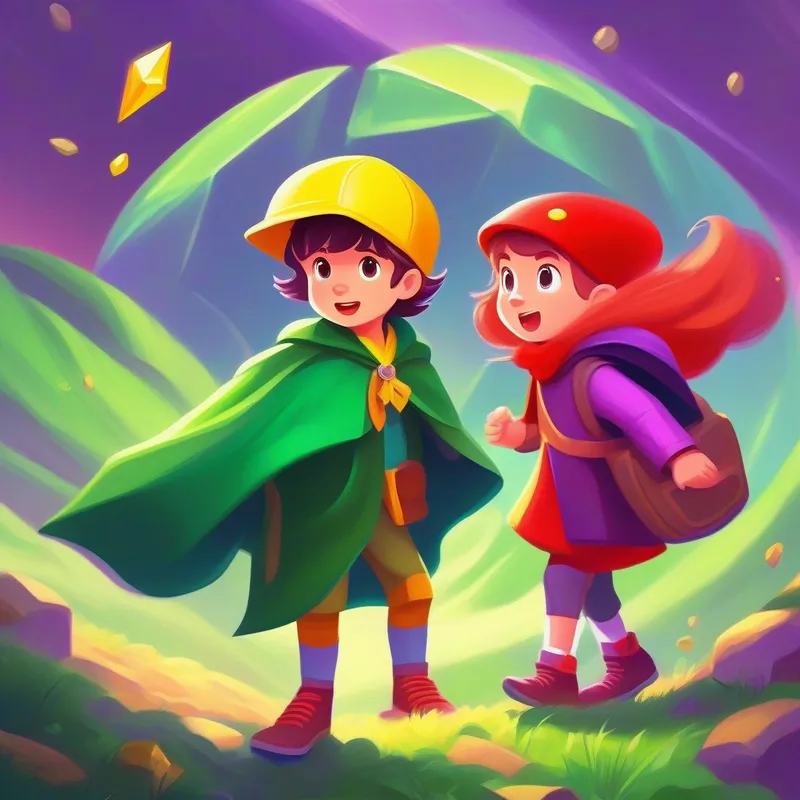 Curious and brave girl with a yellow backpack and purple hat. and Adventurous boy wearing a green cape and a red headband. retrieve the gem and feel its powerful energy.