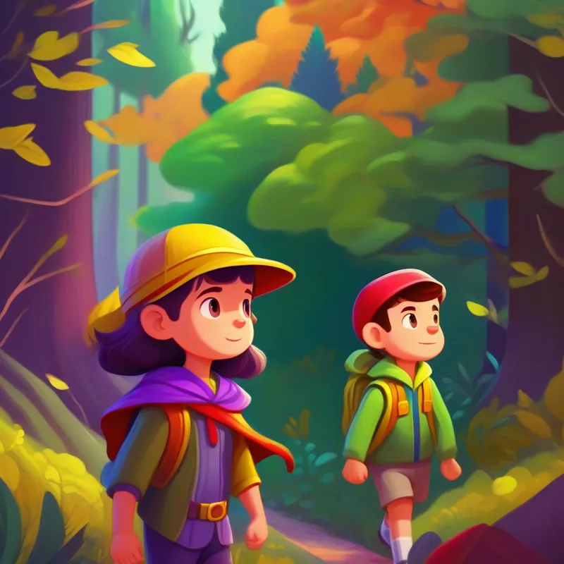 Curious and brave girl with a yellow backpack and purple hat. and Adventurous boy wearing a green cape and a red headband. leave the Tri-Color Forest with valuable lessons.