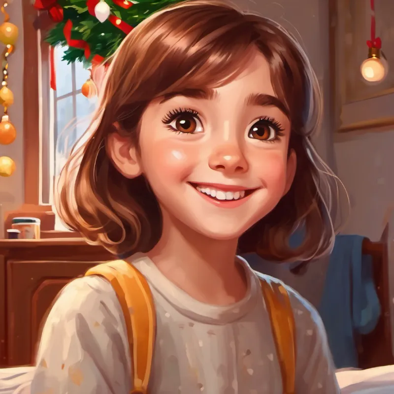 Young girl, brown hair, curious brown eyes, always smiling's bedroom in the morning, excited for the day ahead.