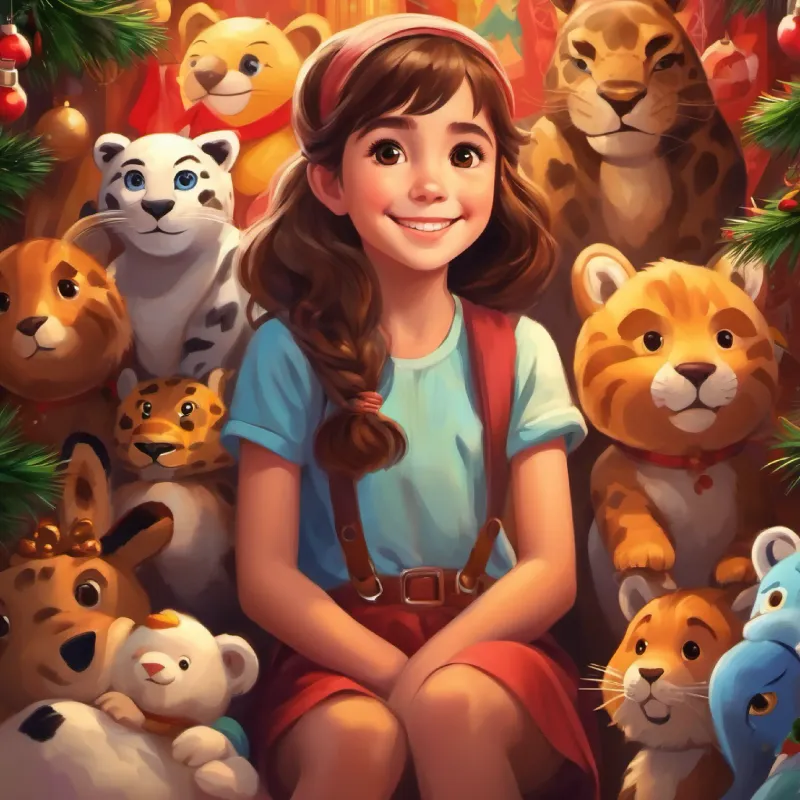 Young girl, brown hair, curious brown eyes, always smiling imagining a jaguar, surrounded by animal posters and stuffed toys.