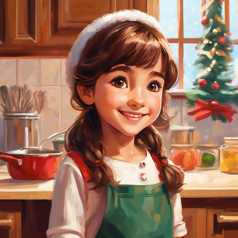 Young girl, brown hair, curious brown eyes, always smiling talking to her mom in the kitchen, hopeful and curious.