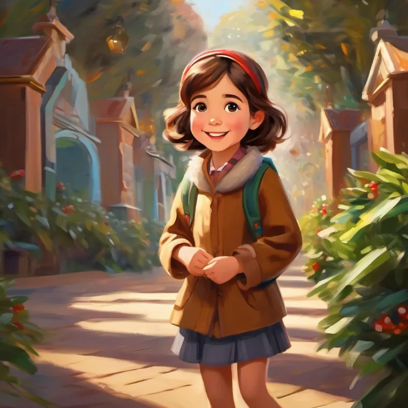 Young girl, brown hair, curious brown eyes, always smiling with her parents, heading to the zoo, excited and eager.