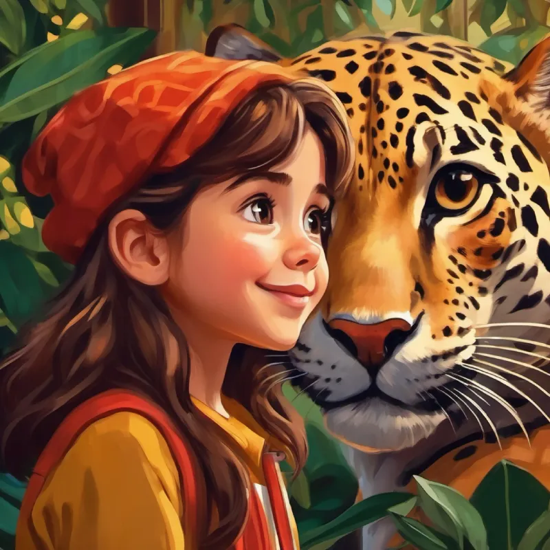 Young girl, brown hair, curious brown eyes, always smiling observing a jaguar at the zoo, awestruck and whispering.