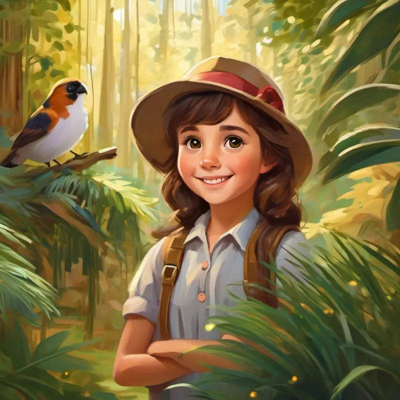 Young girl, brown hair, curious brown eyes, always smiling listening to the zookeeper, learning about wild animal habitats.