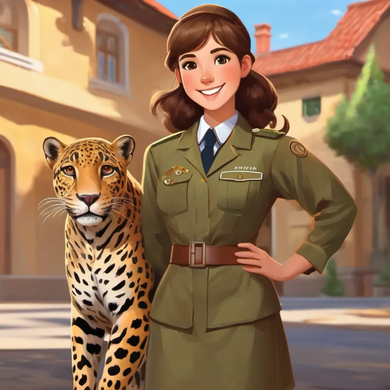Friendly figure, khaki uniform, informative, caring for animals explaining jaguar behaviors and needs, with Young girl, brown hair, curious brown eyes, always smiling attentive.