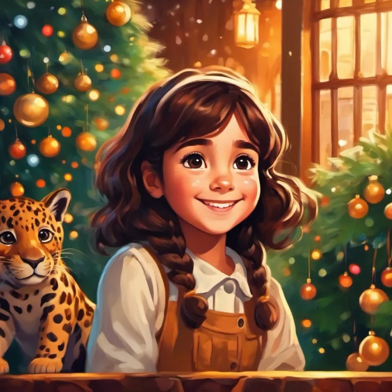 Young girl, brown hair, curious brown eyes, always smiling looking at the jaguar enclosure, feeling happy and content.