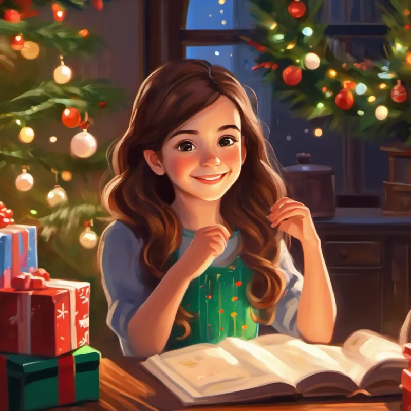 Young girl, brown hair, curious brown eyes, always smiling at home, talking with her parents about the day, cheerful and happy.
