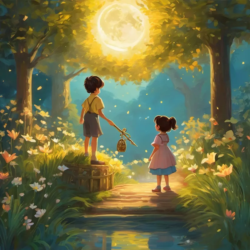 That night, as the moon rose high in the sky, Lily became angry when her little brother accidentally knocked down her favorite toys. Remembering the tree's gift, she quickly retrieved the golden key. Taking a deep breath, Lily repeated the magical words, "Patience and kindness, guide me through," three times. To her amazement, Lily felt a wave of calmness and understanding wash over her. Instead of shouting or retaliating, she kindly helped her little brother pick up the toys and forgave him with a gentle smile. The golden key had truly unlocked her patience and kindness.