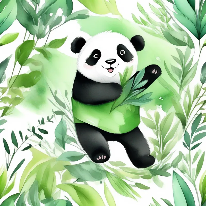 Happy panda playing and exploring. Colors: black, white, green