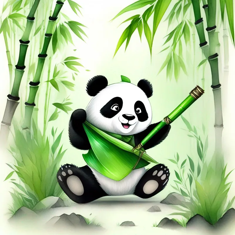 Exciting adventure with Happy panda with black and white fur, and green bamboo accessories. looking for a treasure. Colors: black, white, green