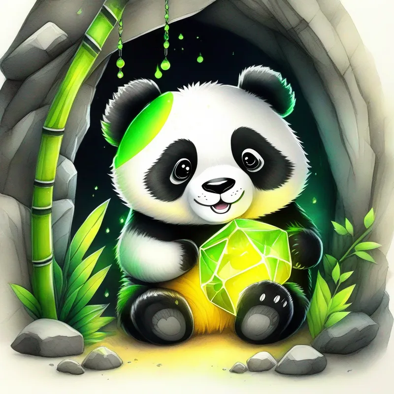 Happy panda with black and white fur, and green bamboo accessories. finds a glowing gem in the cave. Colors: black, white, green, yellow
